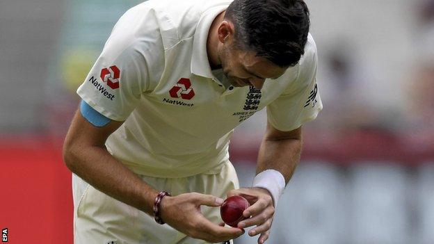 England's James Anderson work on the ball