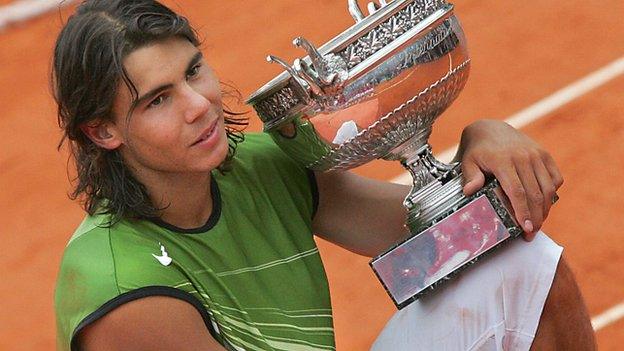 Rafael Nadal celebrates winning his first French Open in 2005