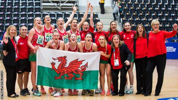 Wales celebrate their seventh place at the Netball World Cup