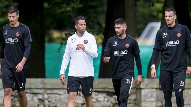 Dundee United's Benjamin Siegrist, goalkeeping coach Neil Alexander, Josh Donaldson, and Matej Rakovan