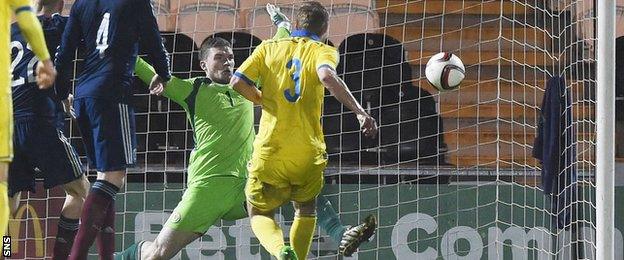 Oleksandr Svatok scores for Ukraine Under-21s against Scotland