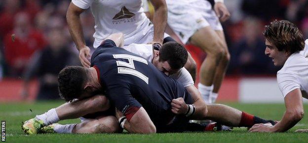 Wales wing Alex Cuthbert was denied a try by Vasil Lobzhanidze's last-ditch tackle