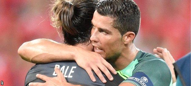 Real Madrid club-mates Bale and Ronaldo embrace after the final whistle