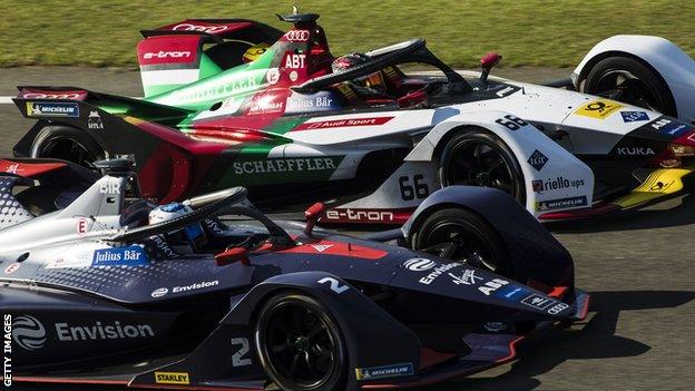 Formula E cars during pre-season testing in Valencia