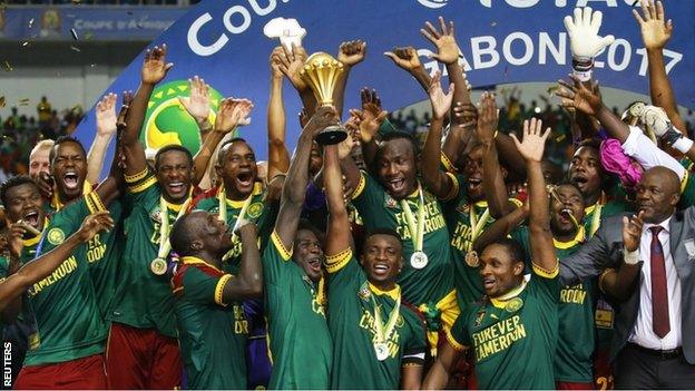 Cameroon's players celebrate winning the 2017 Africa Cup of Nations