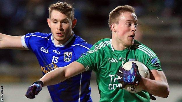 Fermanagh's Che Cullen is challenged by Cavan's David Givney during the Football League game in March