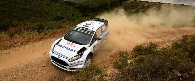 Ott Tanak and co-driver Raigo Molder in their M-Sport WRT Ford Fiesta RS WRC during day one of the WRC Rally Italia Sardegna on June 12, 2015