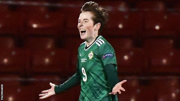 Kirsty McGuinness celebrates after putting Northern Ireland 2-1 up at Seaview