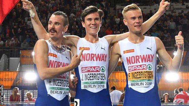 Henrik (left) Jakob (centre) and Filip (right) Ingebrigtsen celebrate after the men's 1500m final at the European Athletics Championships in 2018