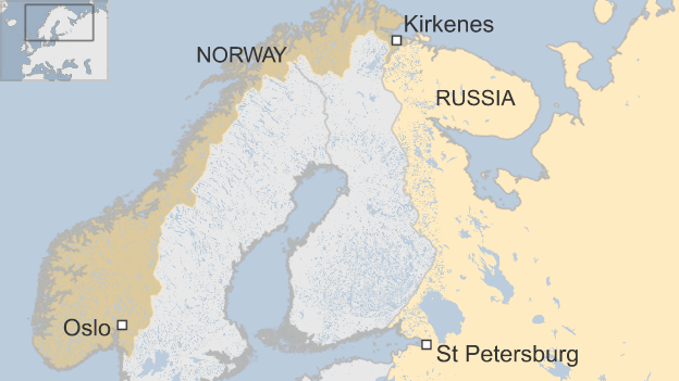 Map showing location of Kirkenes, Oslo and St Petersburg