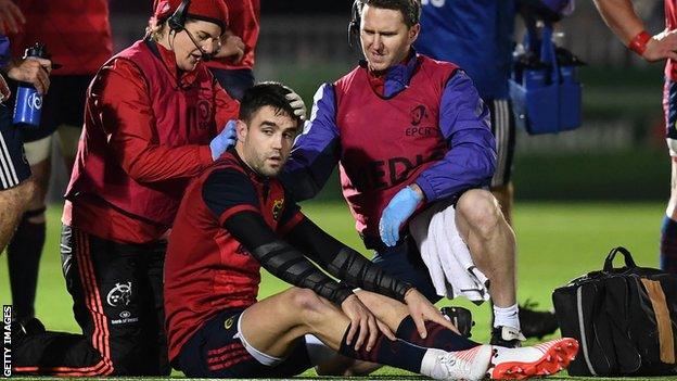 Conor Murray receives treatment during Munster's Champions Cup game at Glasgow in January 2017