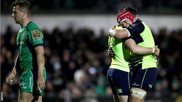 Barry Daly celebrates his try with Leinster team-mate Josh van der Flier