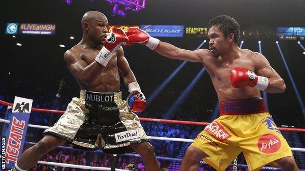 Floyd Mayweather and Manny Pacquiao in the ring during their 2015 fight