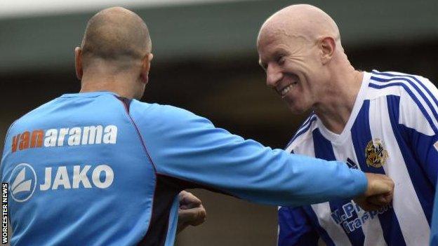 Carl Heeley (left) brought Lee Hughes to Worcester City in September 2015