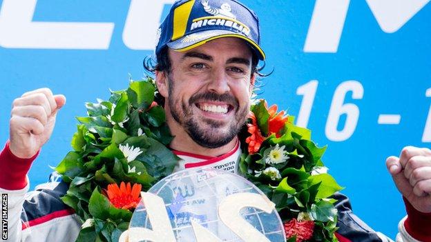 Fernando Alonso celebrates winning Le Mans 2018