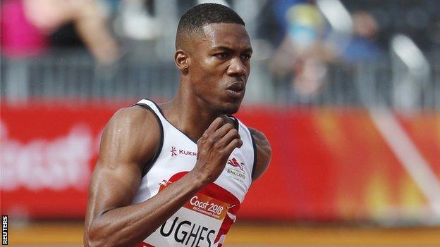 Zharnel Hughes in action for England at the Commonwealth Games