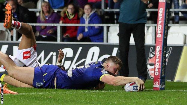 Tom Lineham scores his first try against St Helens