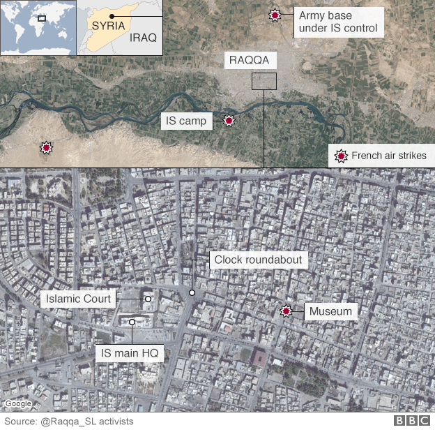 Map of Raqqa, Syria, showing locations of French air strikes (18 November 2015)