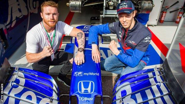 Saul 'Canelo' Alvarez with F1 driver Daniil Kvyat at the Monaco Grand Prix in 2019