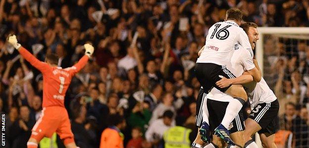 Fulham players celebrate their play-off semi-final victory over Derby County