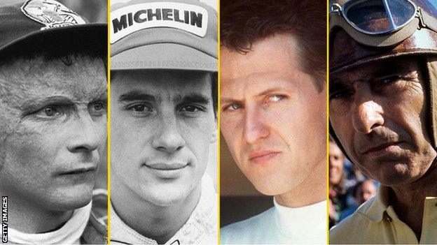 Niki Lauda, Ayrton Senna, Michael Schumacher and Juan Manuel Fangio