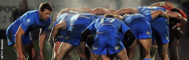 Steam rises from the pack as Italy prepare for a scrum during the Rugby League World Cup Group C match at The Shay on November 10, 2013 in Halifax, England