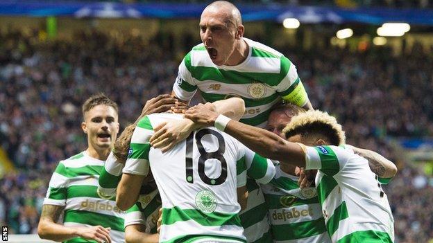 Celtic captain Scott Brown celebrates with his team-mates