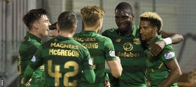 Celtic celebrate Odsonne Edouard's debut goal, his team's fourth on the night