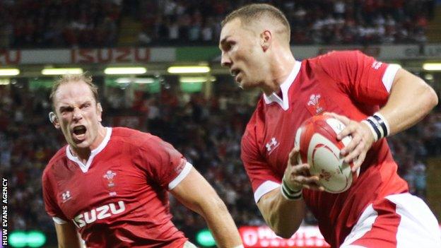 Alun Wyn Jones roars as George North heads to the tryline for Wales