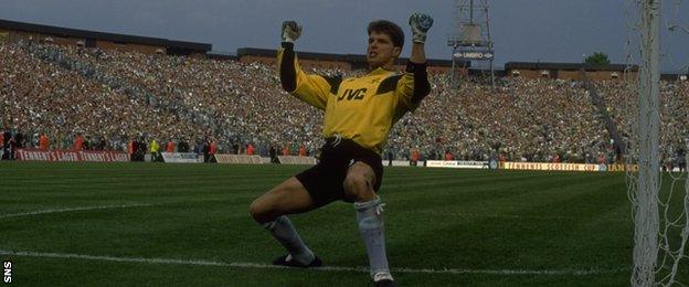 Aberdeen's Theo Snelders celebrates saving a penalty in the 1990 Scottish Cup final