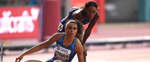 Sydney McLauglin and Dalilah Muhammad await the result of their 400m hurdles final in Doha 2019.