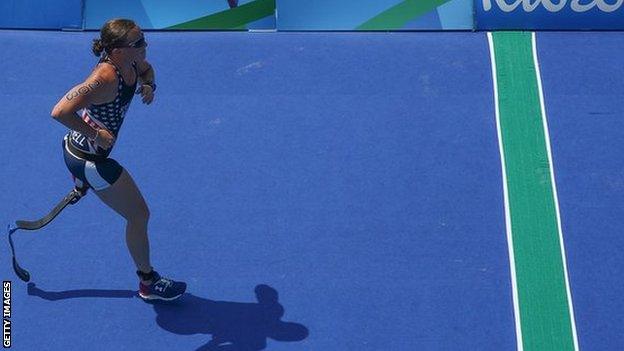 Melissa Stockwell of the United States competes in the run of the women's triathlon T2 at the Rio Paralympic Games