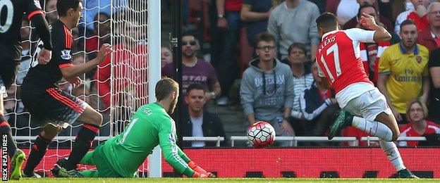 Alexis Sanchez scores his first against Manchester United