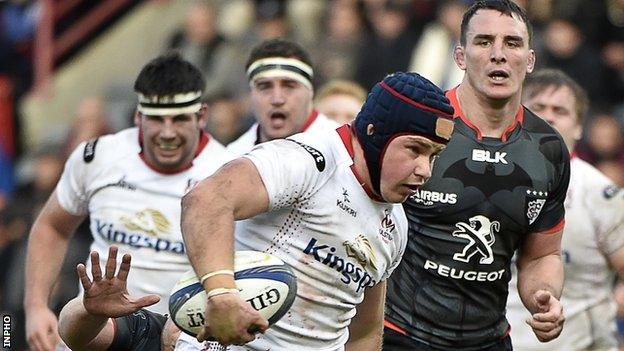 Ulster's Luke Marshall runs in for a try in the Champions Cup game against Toulouse in France in 2015