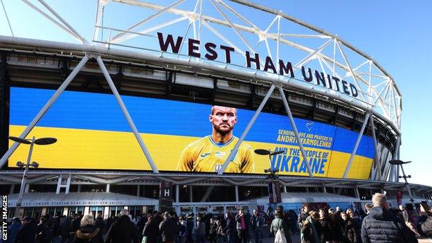 The London Stadium with a Ukraine flag emblazoned on it