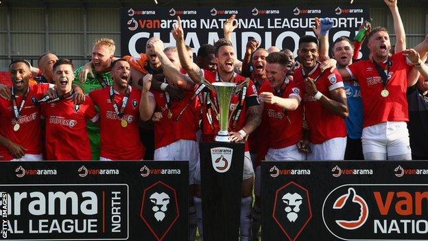 Salford City celebrate winning the National League North title in April 2018