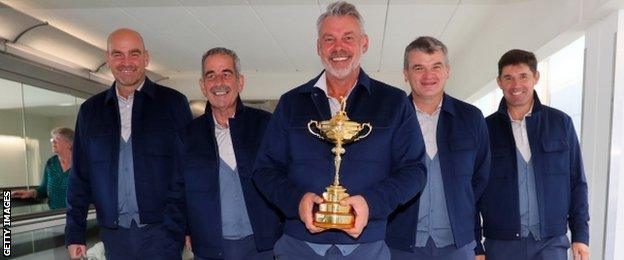 Europe captain Darren Clarke (centre) and four of his vice-captains - Thomas Bjorn, Sam Torrance, Paul Lawrie and Padraig Harrington prepare to travel to the Unietd States