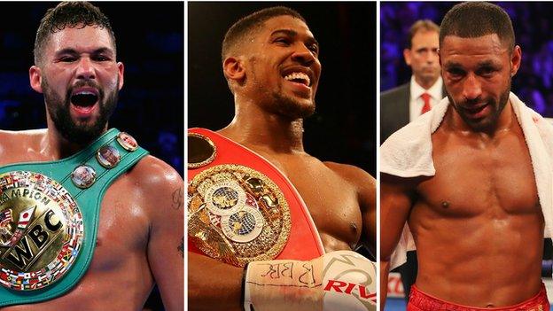 British boxers Tony Bellew, Anthony Joshua and Kell Brook