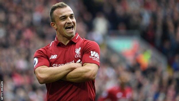 Xherdan Shaqiri celebrates Liverpool's first goal