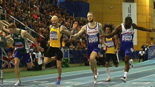 Cameron Chalmers (left) dips at the line to finish second in the British Indoor Championships