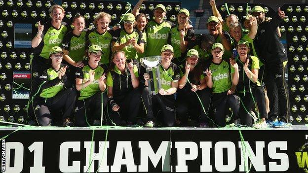 Sydney Thunder celebrate with the Women's Big Bash League trophy