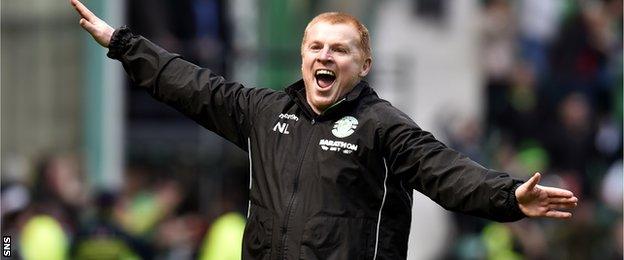 Neil Lennon celebrates Hibernian's equaliser in their draw with Rangers