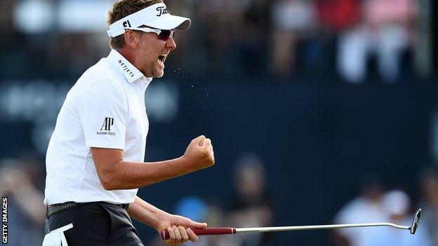 Ian Poulter celebrates after winning the Houston Open