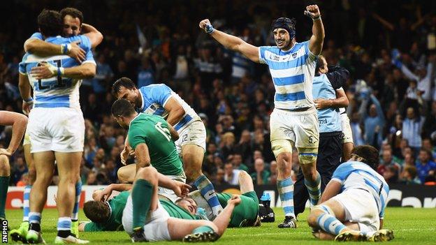 Argentina's Tomas Lavanini celebrates after the Pumas' quarter-final win over Ireland in 2015