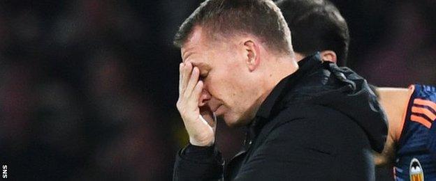 Celtic manager Brendan Rodgers shows the strain as his team are beaten by Valencia