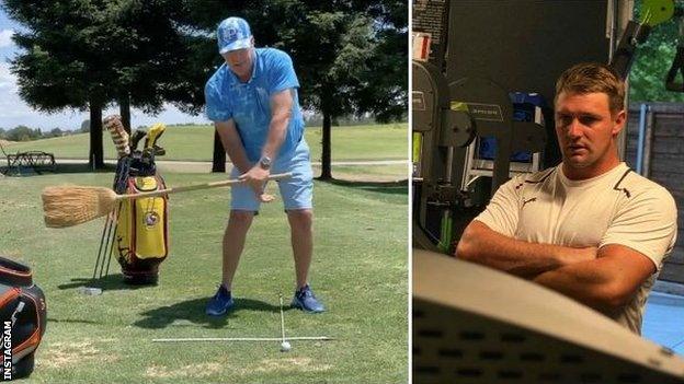 Mike Schy showcases the broom drill, while DeChambeau works out in his home gym