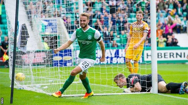 Andrew Shinnie celebrates scoring Hibs' first goal