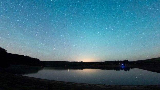 Perseid meteor shower over Usk reservoir, Brecon