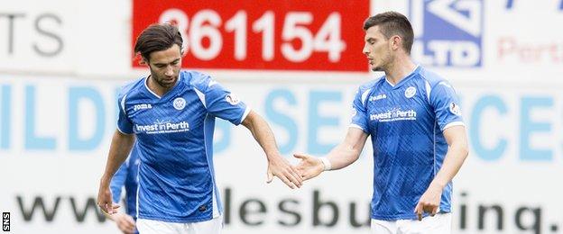 Simon Lappin (left) celebrates his goal with fellow scorer Graham Cummins