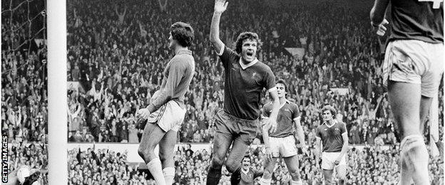 John Toshack as a Liverpool player celebrating a goal